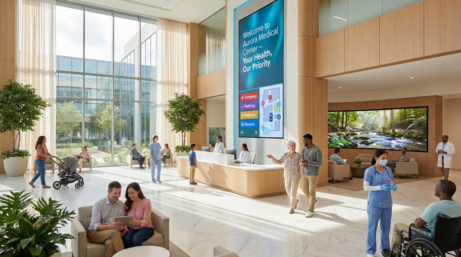 A spacious hospital lobby with digital signage screens displaying welcoming messages and calming footage, creating a clean and reassuring environment for visitors and staff.