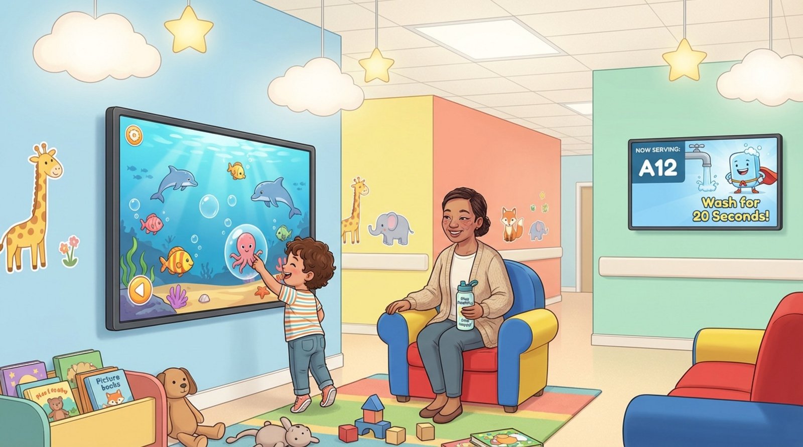 A cheerful illustration of a pediatric hospital waiting area with a child playing an interactive game on a touchscreen and a relaxed parent nearby.