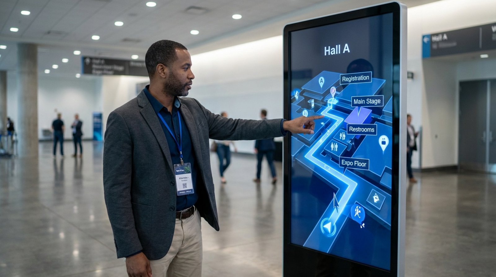 An attendee interacts with a large vertical touchscreen displaying a 3D venue map at a convention center.