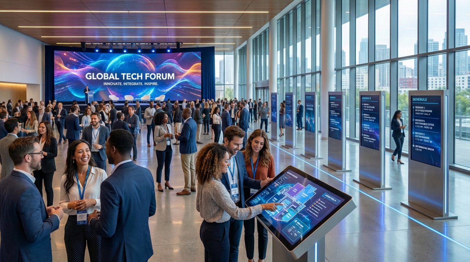 A bustling conference hall with digital signage including LED walls, LCD monitors, and touchscreen kiosks showcasing event information.