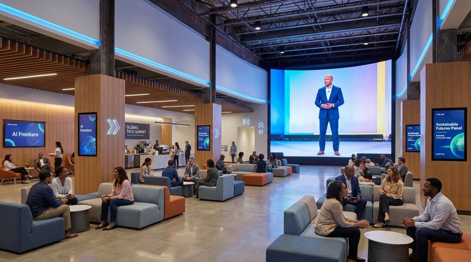 A wide-angle view of a large event overflow area with attendees watching a keynote on a high-definition screen during a break.