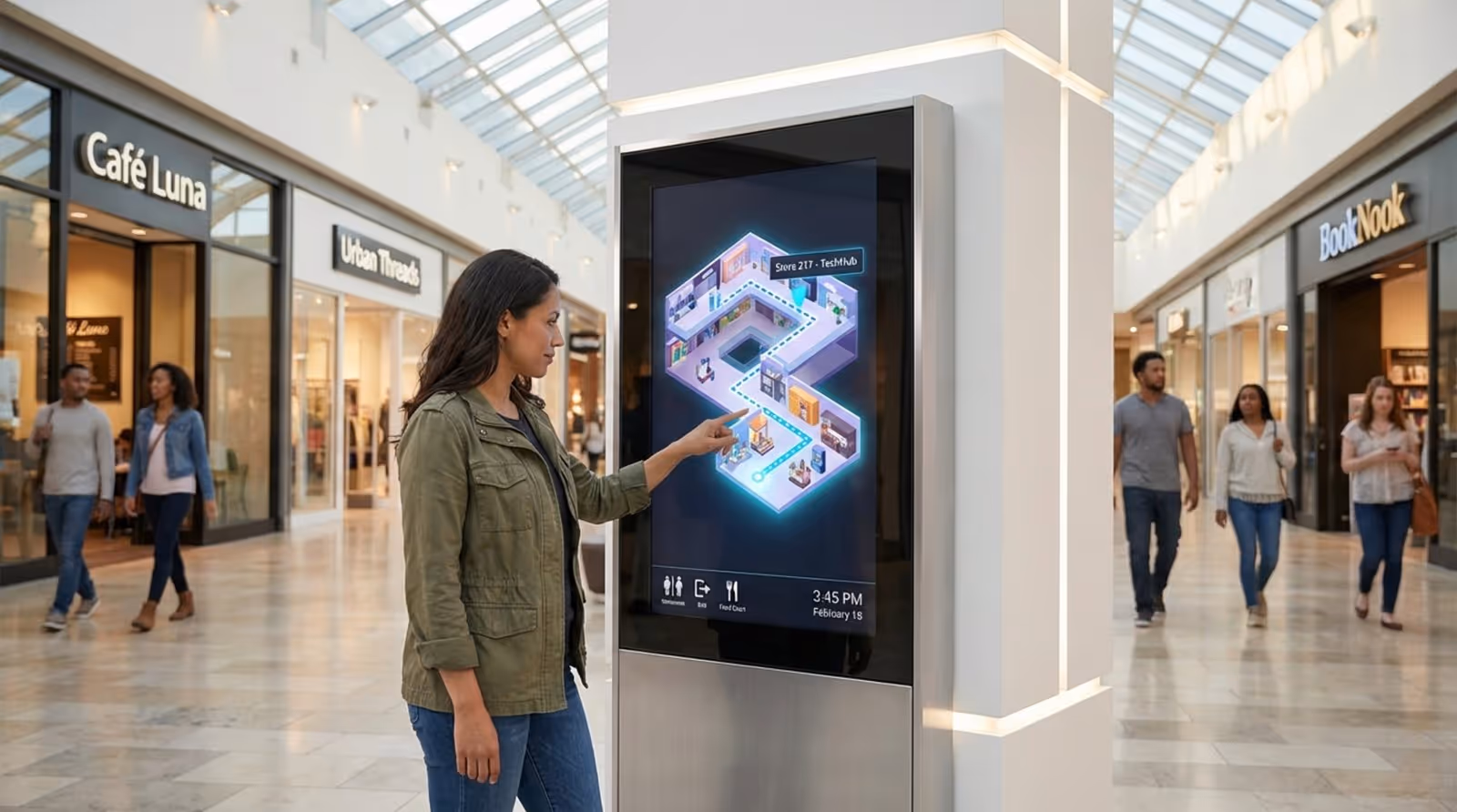 A shopper interacts with a modern vertical wayfinding kiosk displaying a 3D map in a mall.