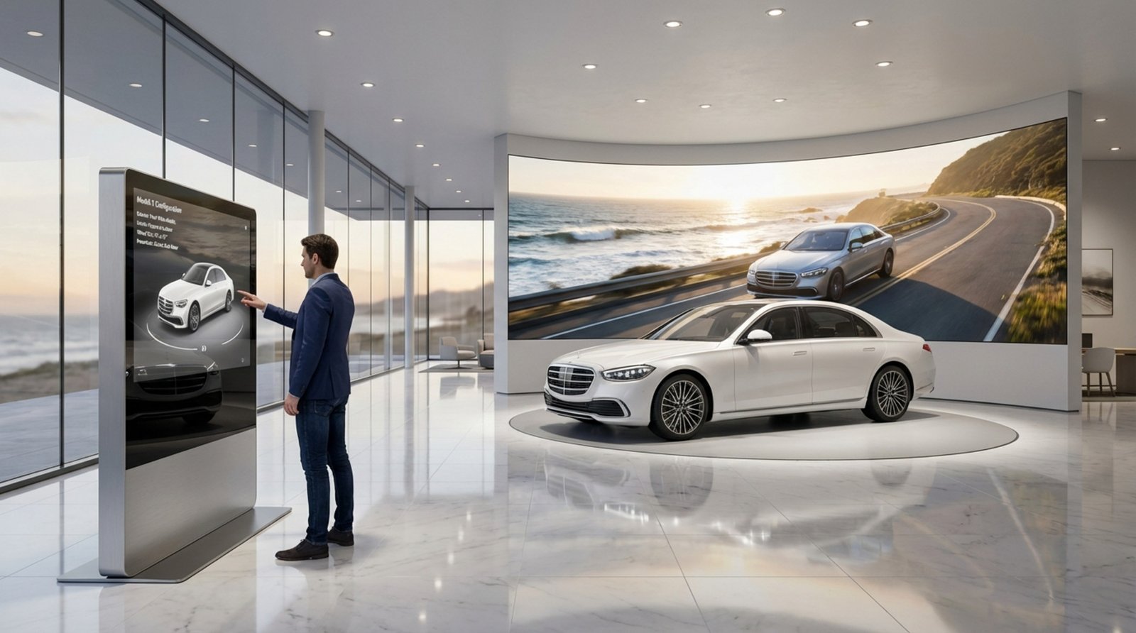 A customer interacts with a touchscreen kiosk in a sleek showroom displaying luxury cars and digital footage.