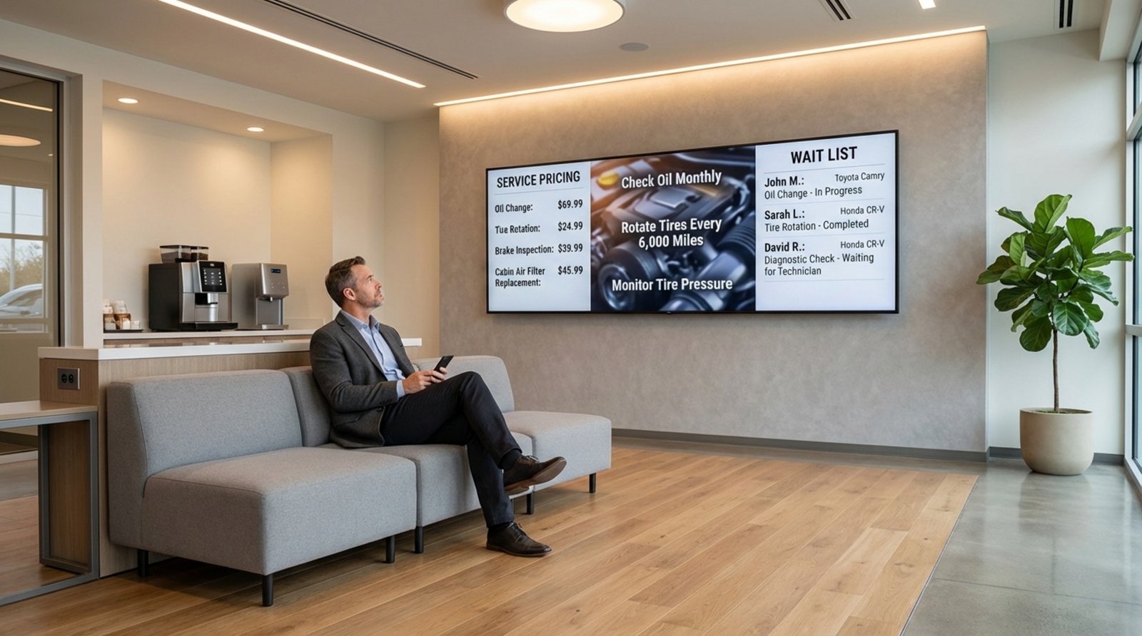 A customer sits on a stylish sofa in a clean, well-lit car dealership service waiting area with a digital screen displaying service menu, vehicle status, and maintenance tips.
