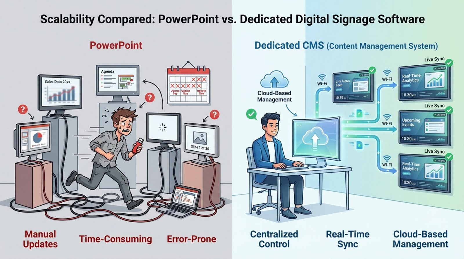 A professional vector illustration comparing PowerPoint and dedicated digital signage software scalability showing manual updates versus centralized management.