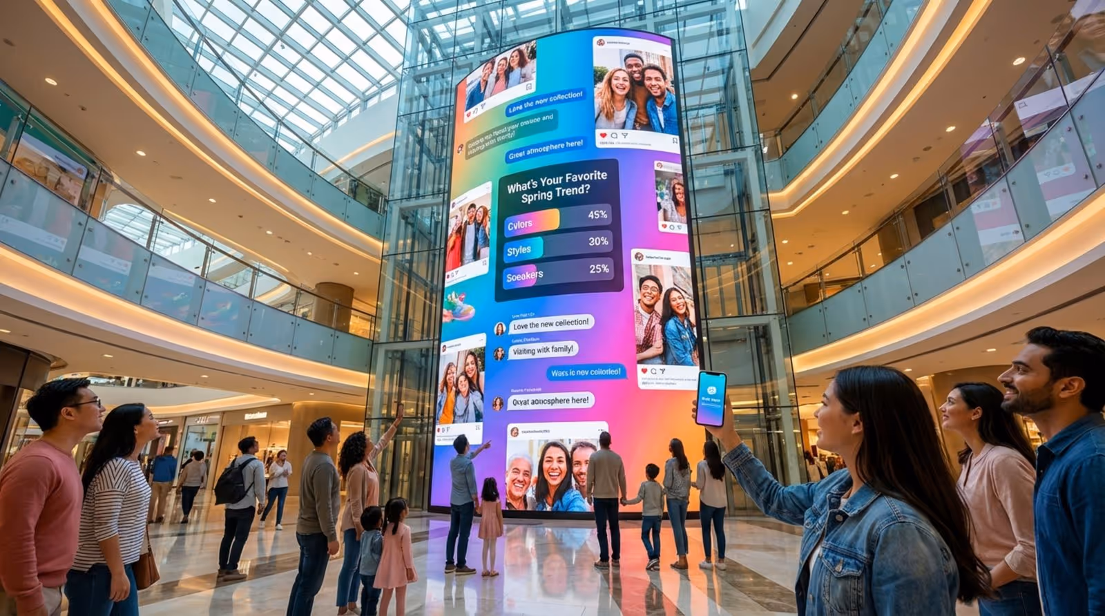A large digital screen in a shopping mall displays a social wall with user photos and comments while shoppers engage with it.