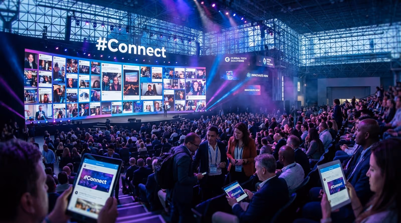 A wide-angle view of a lively conference with a large social media wall displaying attendee posts and comments, capturing the energetic atmosphere and high-tech environment.