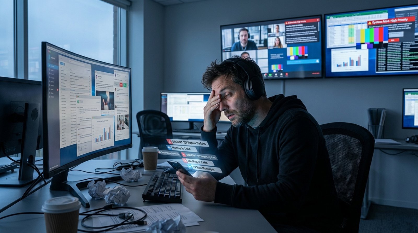 An employee at a desk overwhelmed by multiple digital screens filled with chaotic information in a modern office environment.