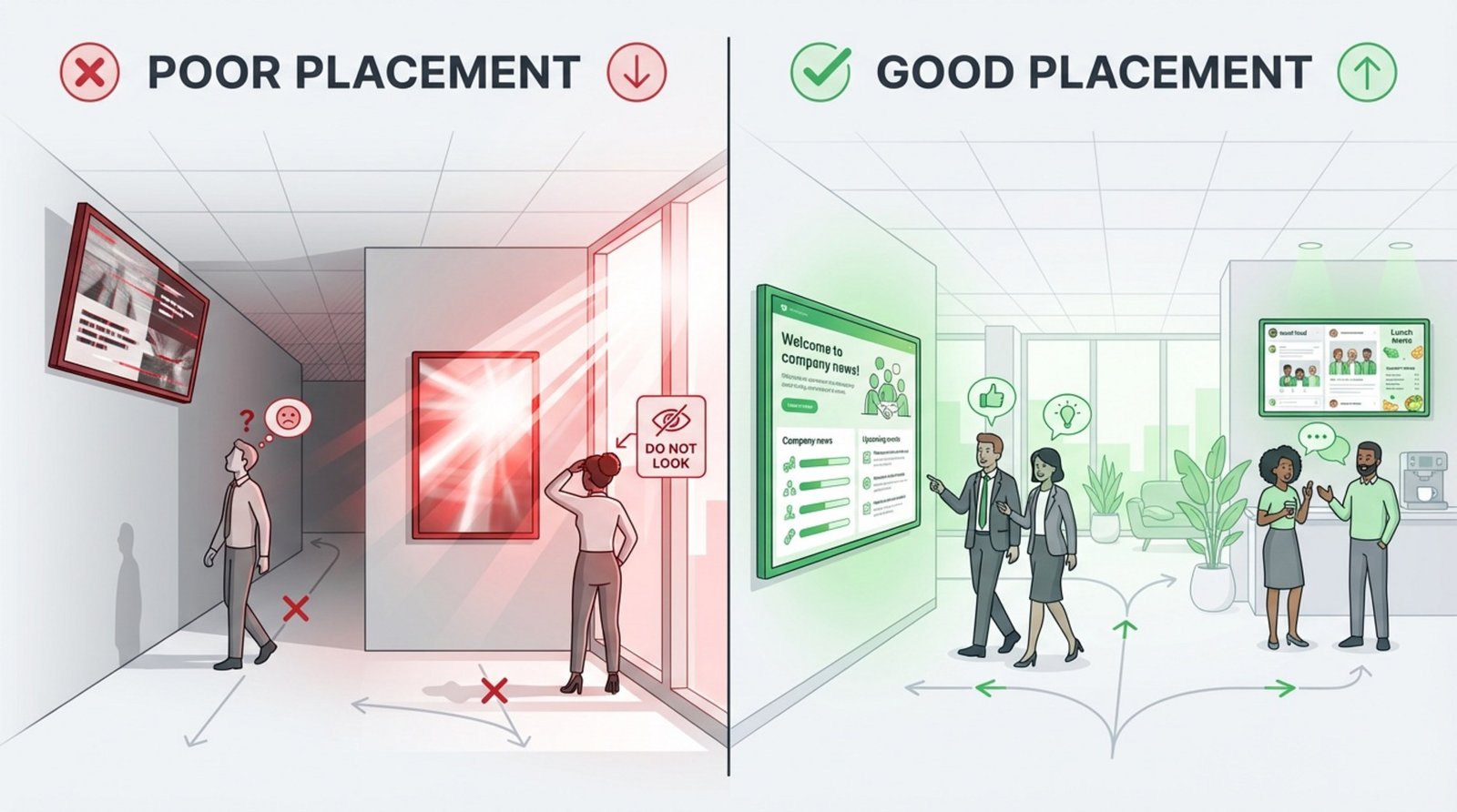 An infographic illustrating proper and improper placement of digital display boards in an office showing glare issues and optimal locations for visibility.