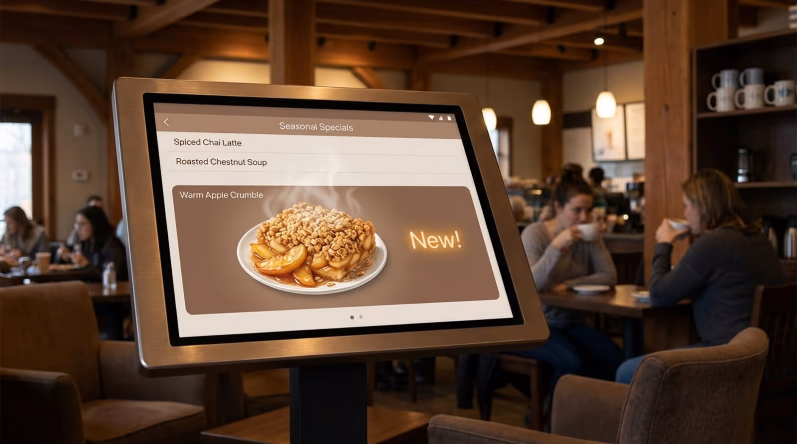 A cinematic still of a digital menu in an upscale cafe highlighting seasonal specials with a realistic warm apple crumble and glowing New! text.