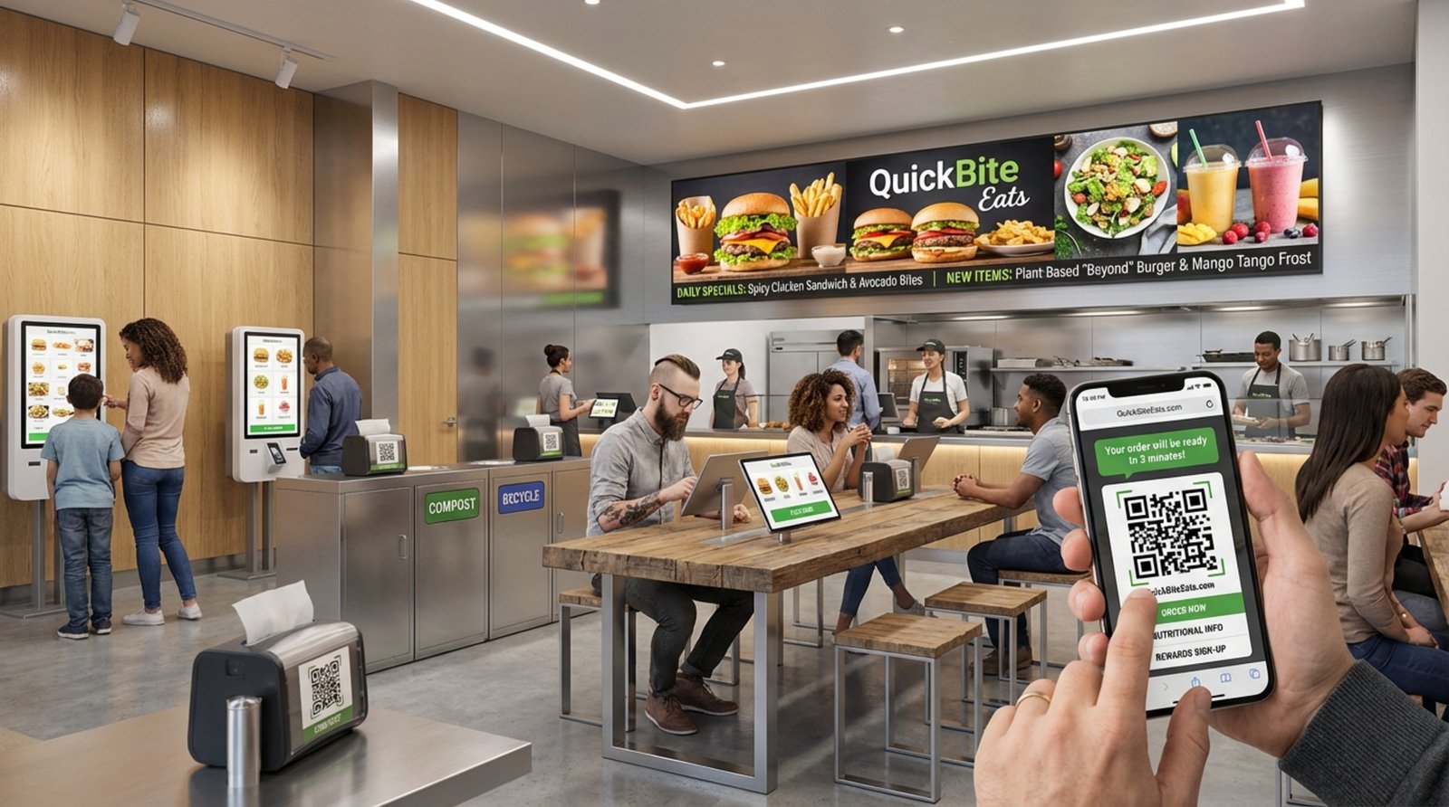 A busy quick-service restaurant interior with digital menu boards and customers using tablets and smartphones for ordering.