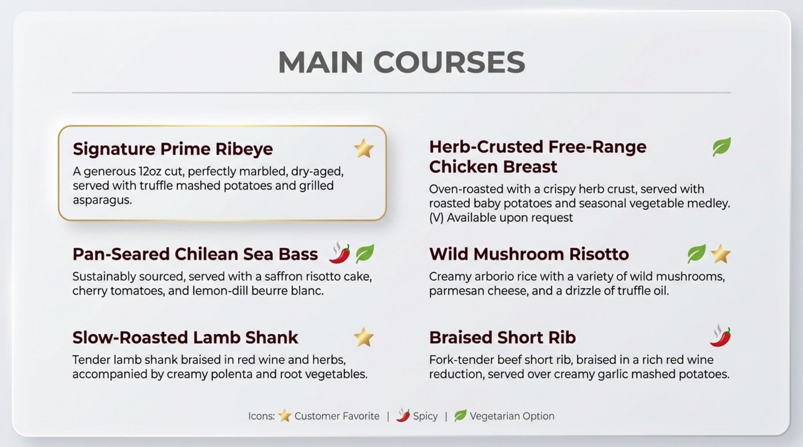A modern infographic-style digital menu section highlighting main courses with clear icons for spice vegetarian and favorites.
