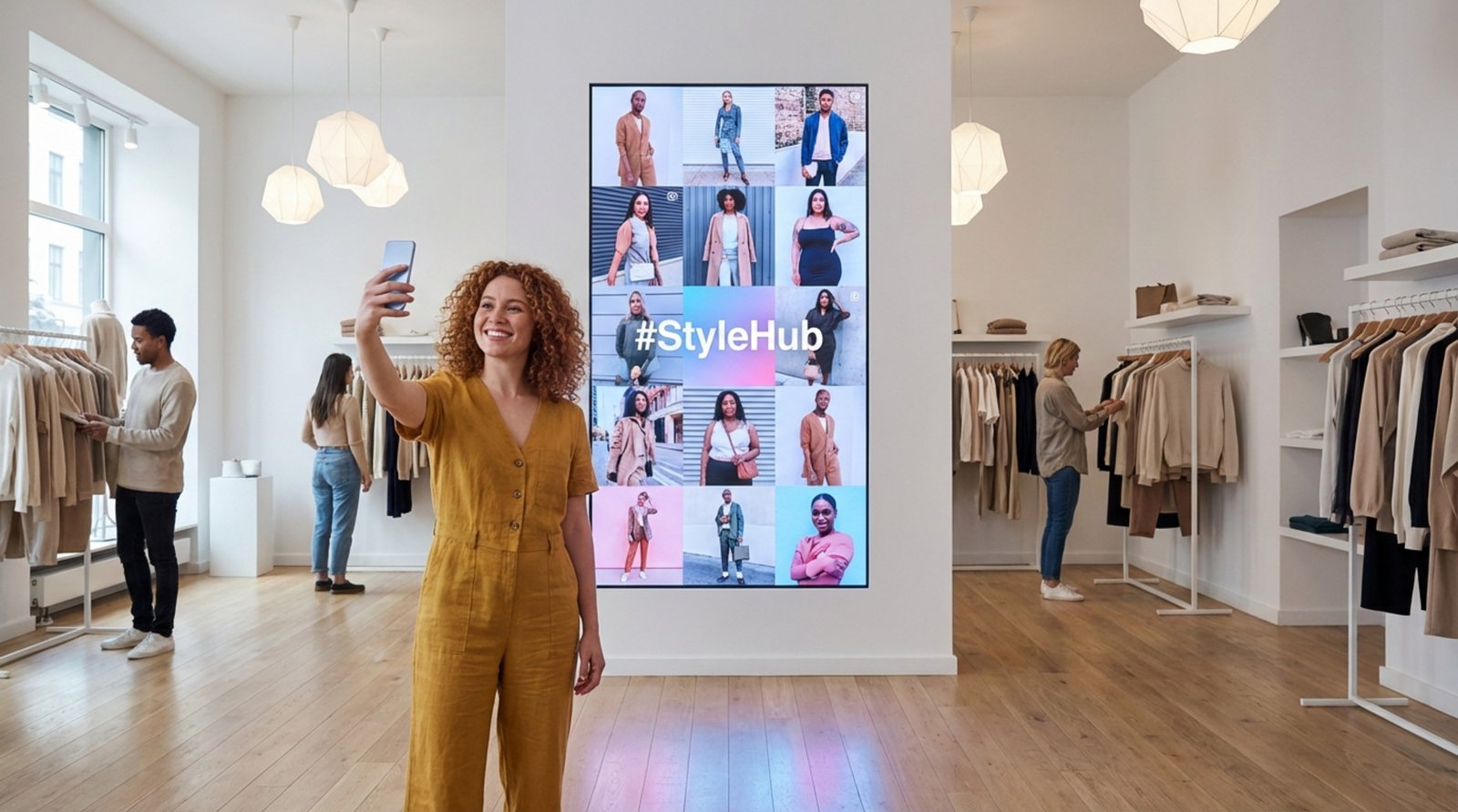 A stylish interior of a clothing boutique featuring a digital screen displaying Instagram photos of fashionable customers.