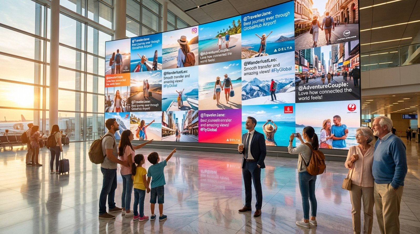 A vibrant digital signage wall displaying social media posts in a busy airport terminal with travelers observing.