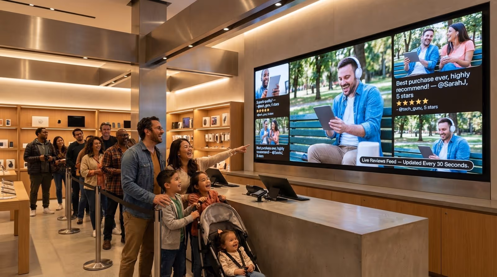 Customers wait in a modern electronics store, engaged with a social media wall displaying videos and reviews, creating an inviting atmosphere.