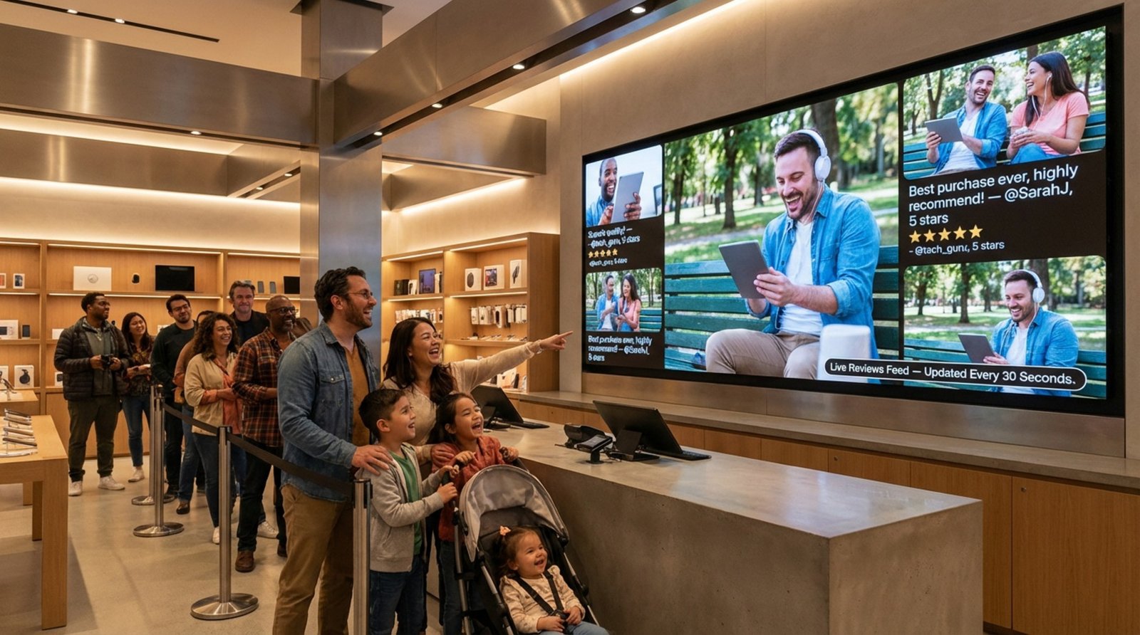 Customers wait in a modern electronics store, engaged with a social media wall displaying videos and reviews, creating an inviting atmosphere.