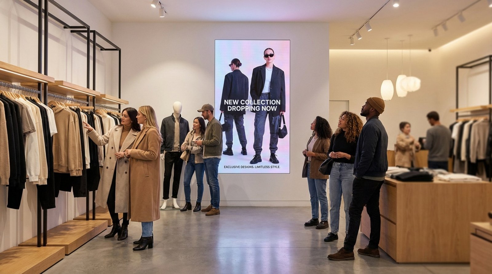 A bright modern clothing store with a digital signage screen displaying a fashion advertisement and shoppers browsing and viewing the display.