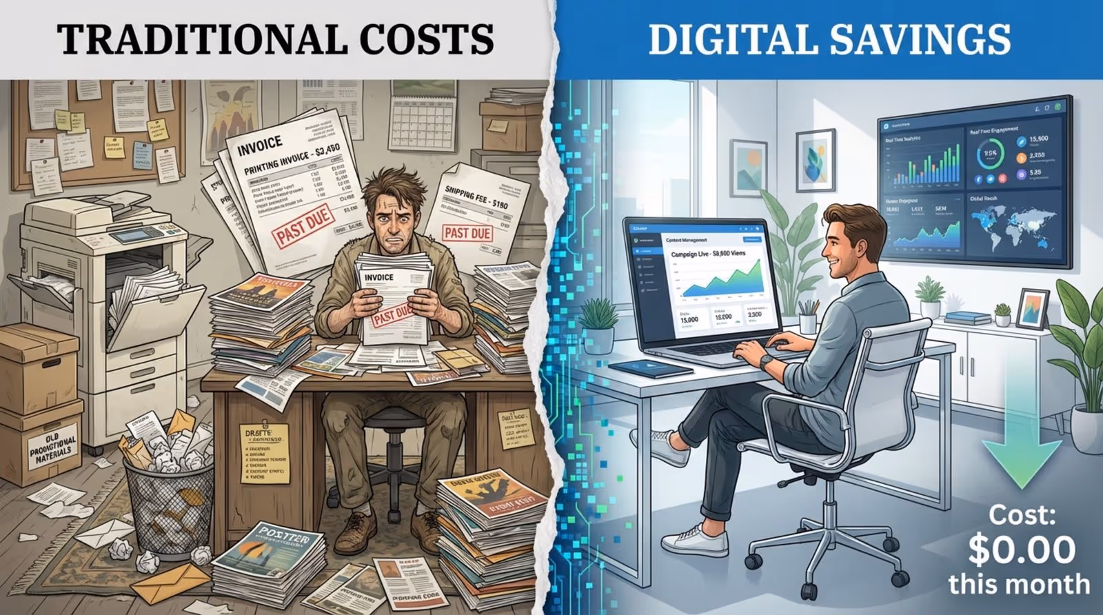 Split-screen illustration contrasting traditional printing costs with digital efficiency, showing cluttered desk with paper on one side and organized digital workspace on the other.