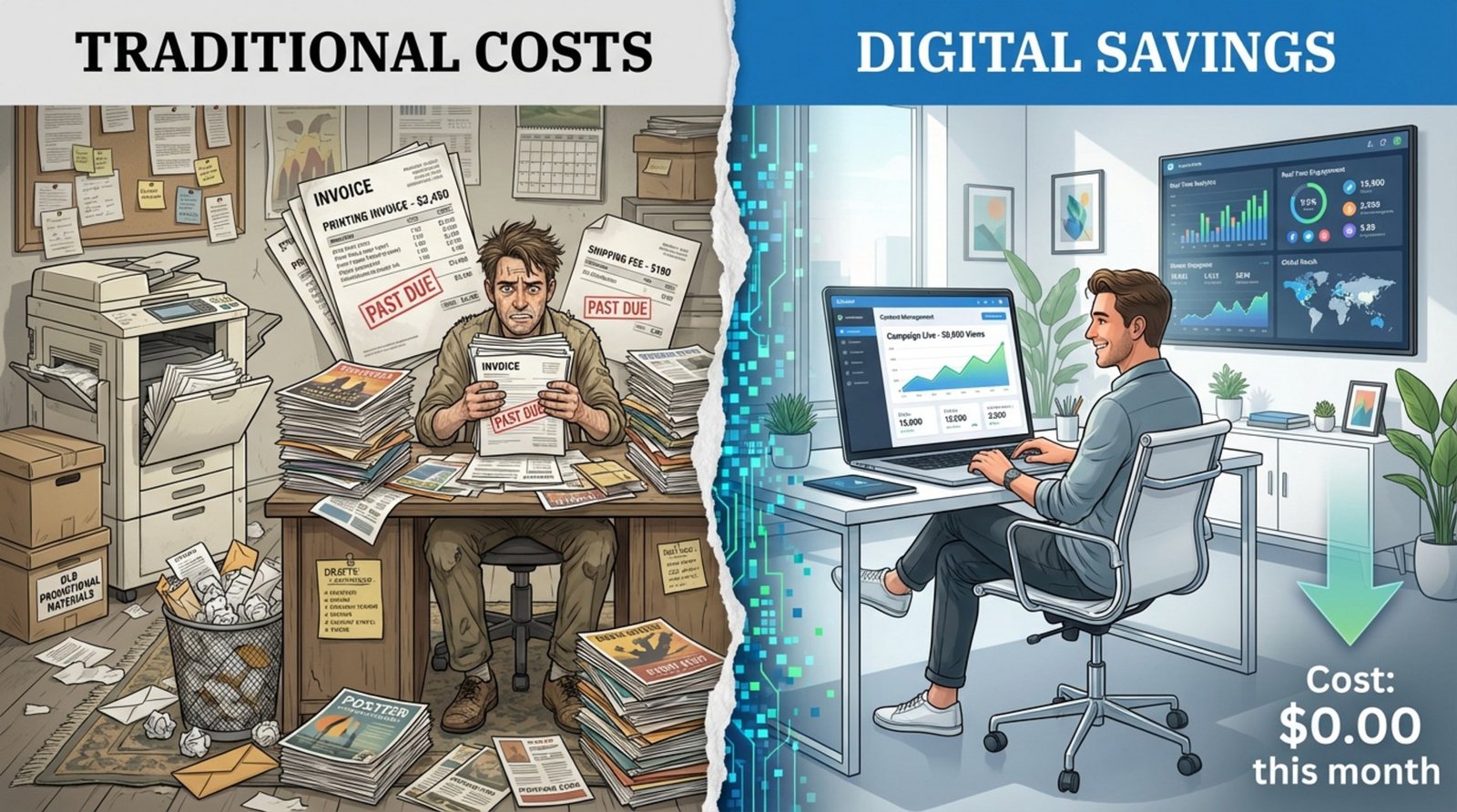 Split-screen illustration contrasting traditional printing costs with digital efficiency, showing cluttered desk with paper on one side and organized digital workspace on the other.