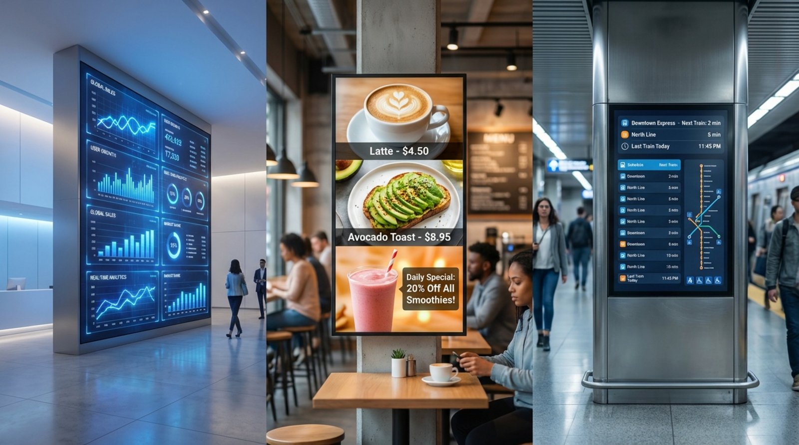 Photorealistic collage showing various digital signage displays in action including a corporate video wall, a cafe menu board, and a subway station information screen.