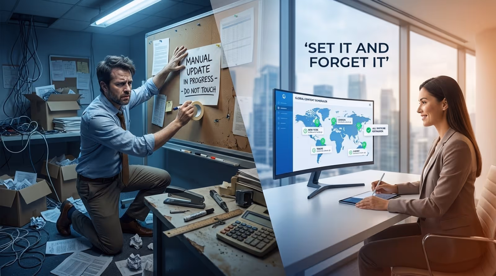 A split-screen illustration showing a stressed employee updating a physical sign on one side and a calm manager using a digital dashboard on the other side to manage global content.