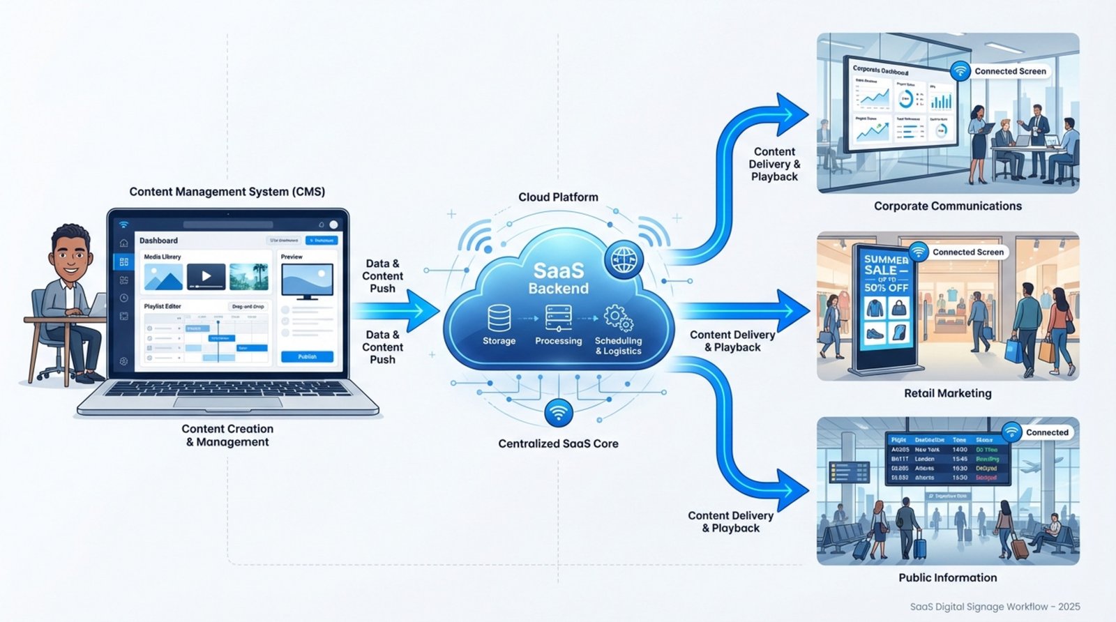 A modern infographic illustrating how SaaS digital signage operates from content management to multiple screens in various environments.