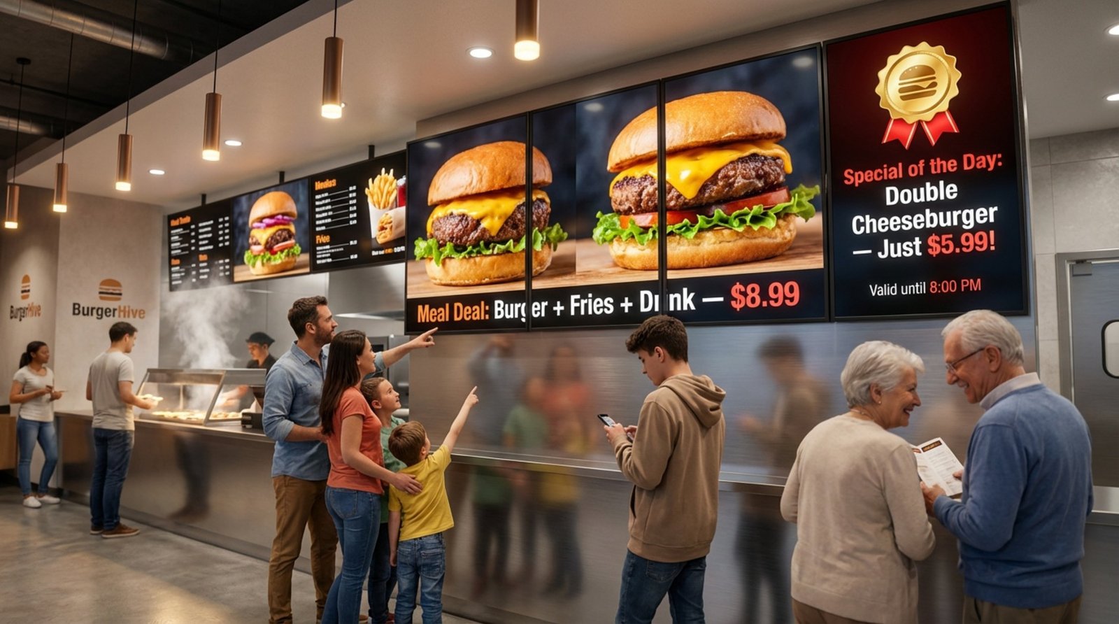 Inside a busy quick-service restaurant showing digital menu boards with vibrant videos and promotions.