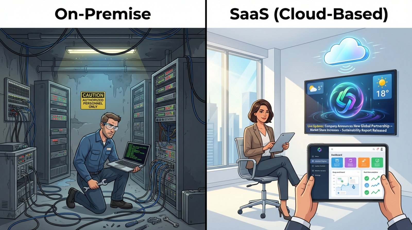Split-screen illustration comparing on-premise and SaaS digital signage with a cluttered server room on one side and a modern office managing content via tablet on the other.