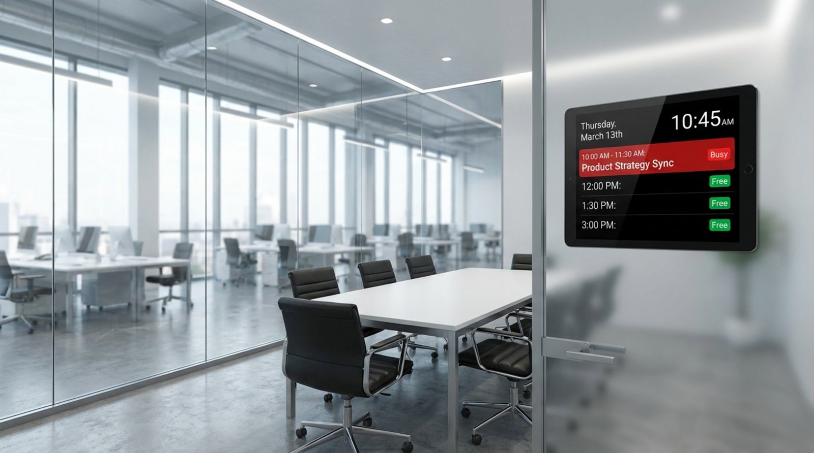 A high-tech meeting room with a digital signage tablet displaying schedule status for current and upcoming meetings.