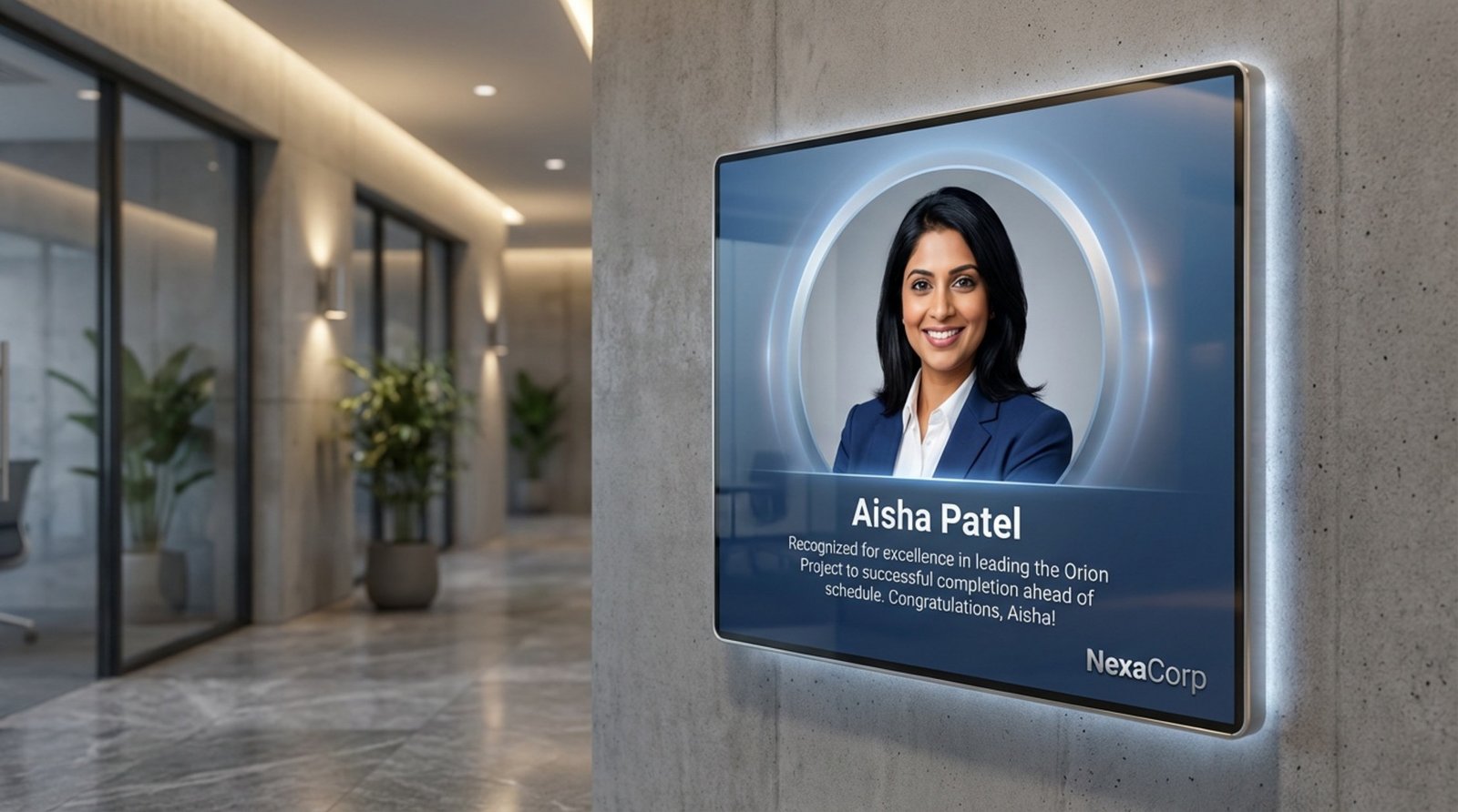 Photorealistic close-up of a digital signage screen in a corporate hallway displaying an employee recognition feature with a professional photo and celebration message.