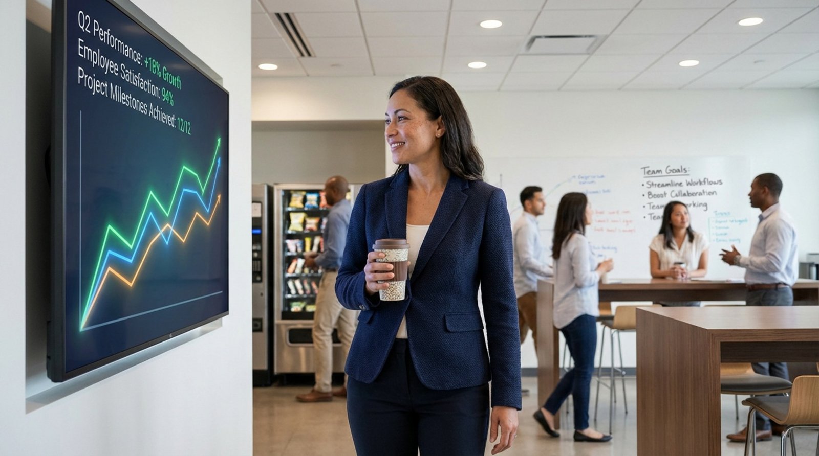An employee in a busy office break room looks at a digital signage screen displaying a colorful animated graph of positive company metrics.