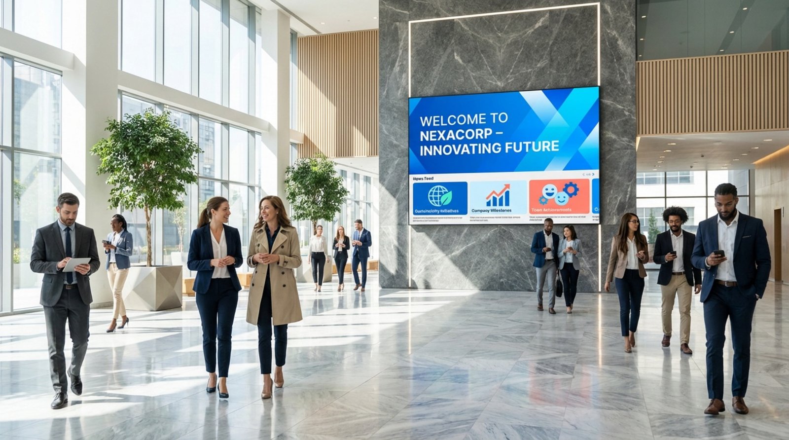 A vibrant corporate lobby scene with employees walking and a digital screen displaying welcome message and news feed.