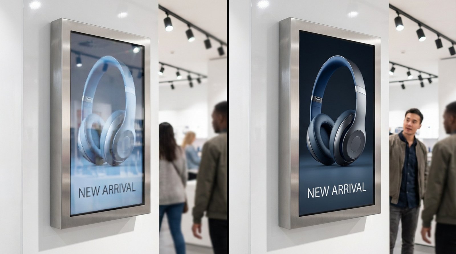 Comparison of digital signage displaying a blurry low-resolution image on the left and a sharp high-resolution image on the right to highlight quality improvement.