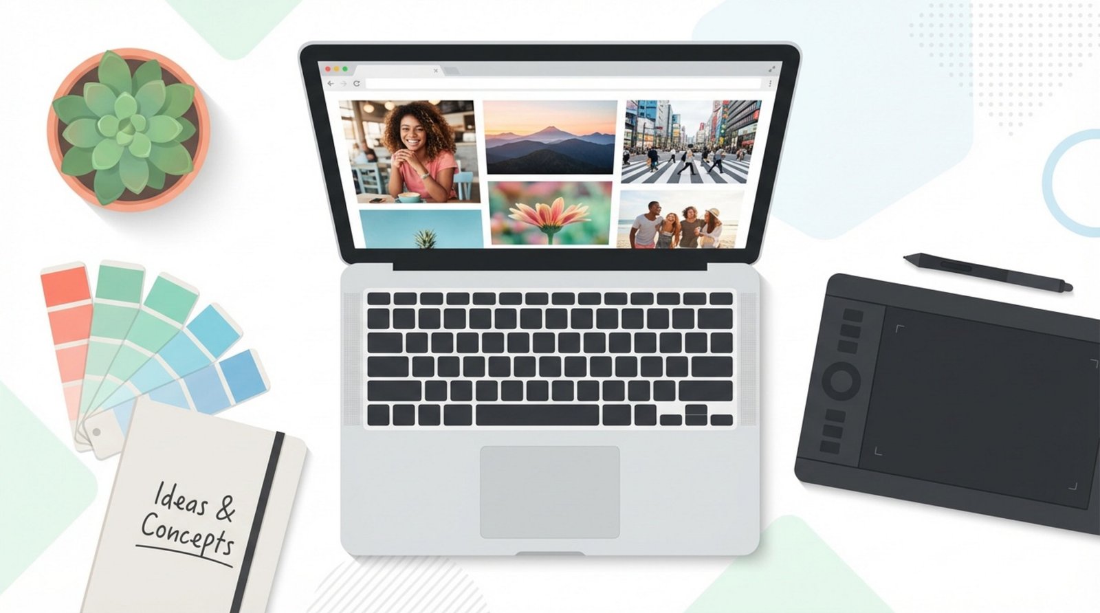A top-down illustration of a designer's desk with a laptop displaying a photo grid, surrounded by design tools, representing creativity and resourcefulness.