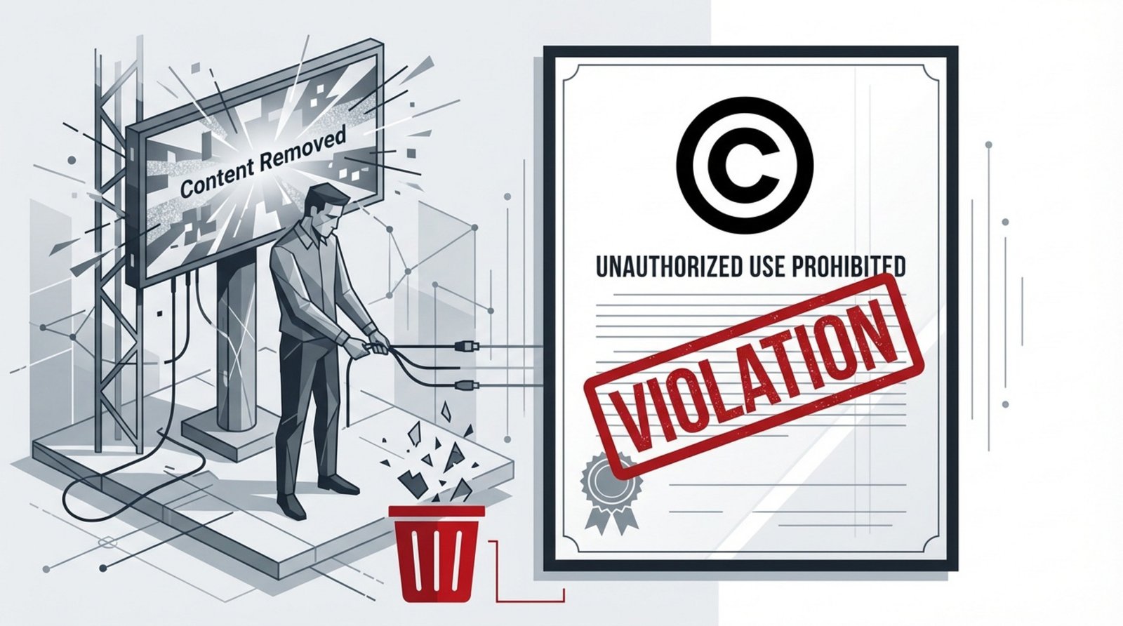 A symbolic illustration of legal and reputational risks from using unlicensed content showing a document with a copyright symbol and violation stamp with a person removing a digital sign.