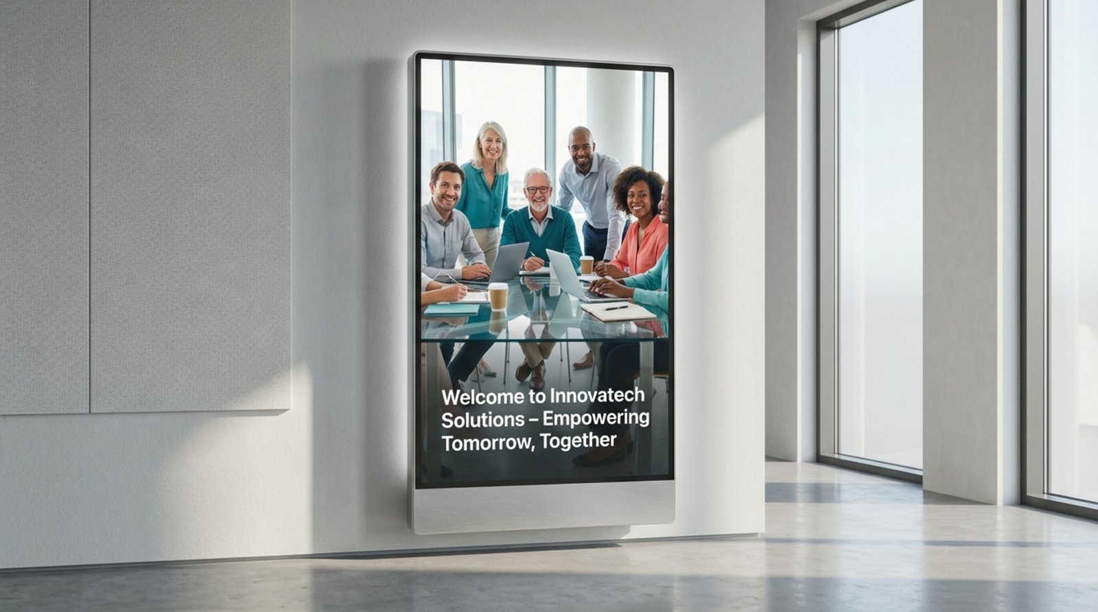 A digital signage kiosk displaying a high-resolution photo of a diverse team working together in a corporate reception area.