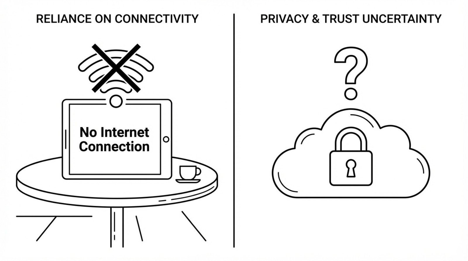 A split-line art illustration showing connectivity and privacy risks of cloud solutions with a no internet message and a questionable cloud lock.