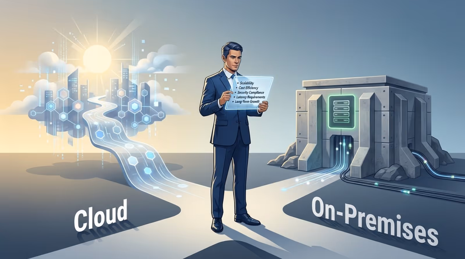 An executive considers options at a forked path between cloud and on-premises solutions, symbolizing choices in IT infrastructure.