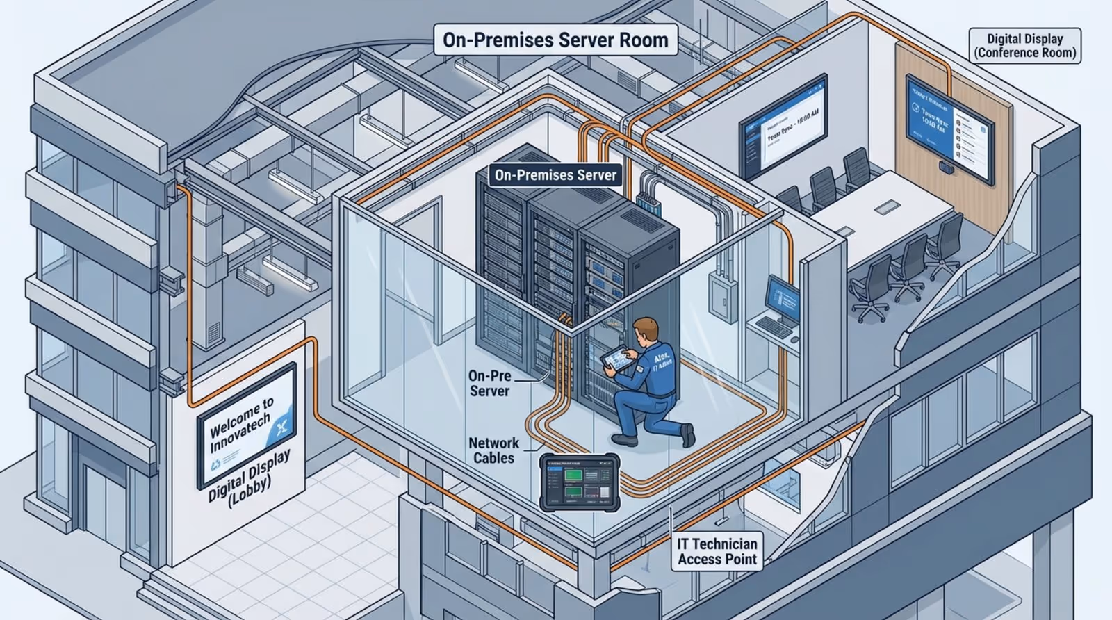 Technical illustration of an office building's digital signage system with a server room and connected screens inside the building.