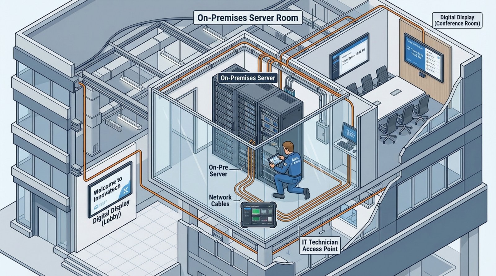 Technical illustration of an office building's digital signage system with a server room and connected screens inside the building.