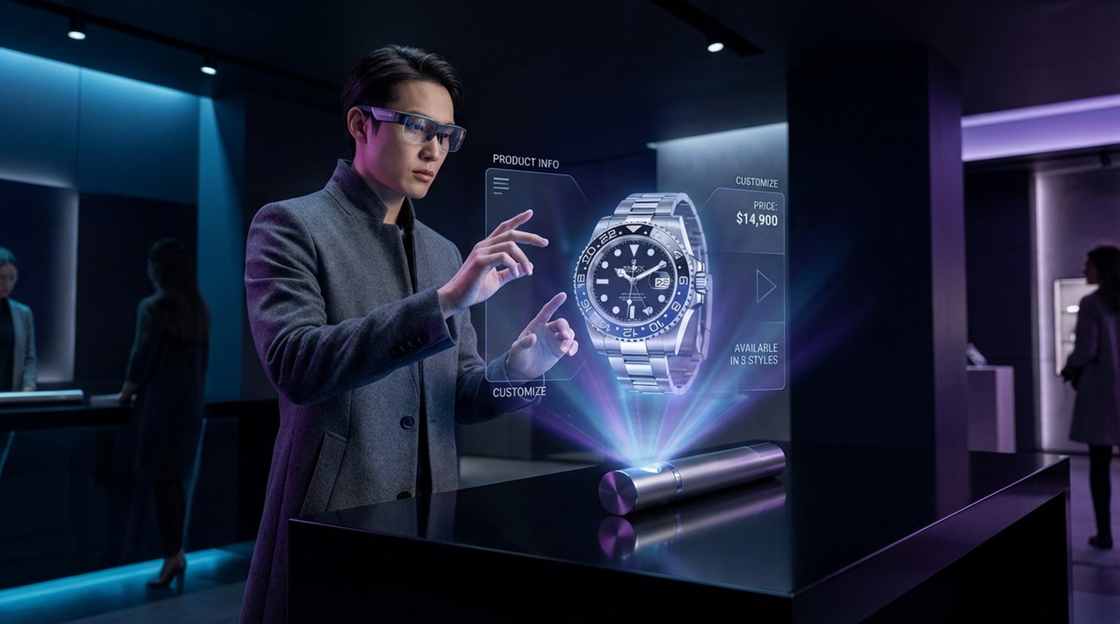 A person interacts with a 3D hologram of a luxury watch in a dark, neon-lit store environment.