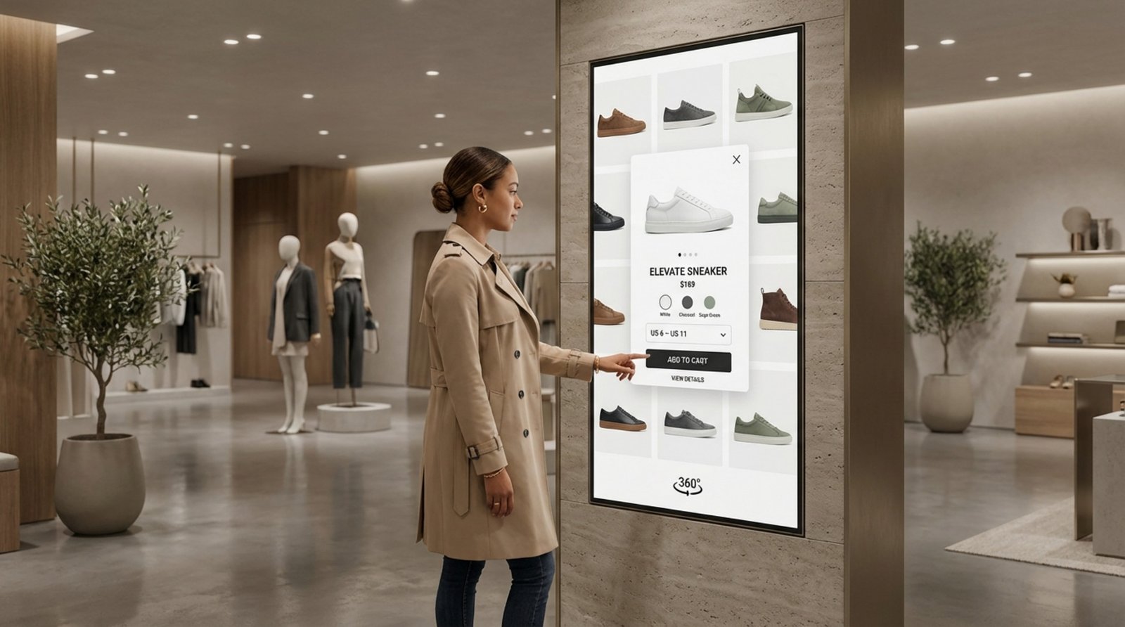 A customer interacts with a large touchscreen displaying high-resolution shoe images in a modern upscale retail store.