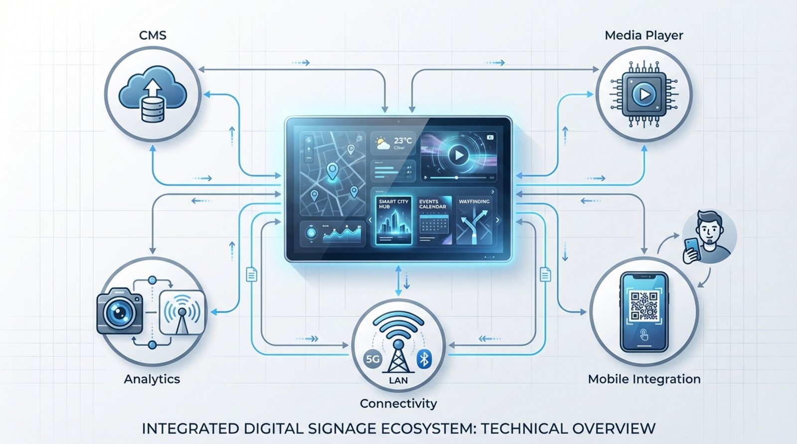 A technical illustration of an interactive digital signage ecosystem showing a central touchscreen connected to cloud, processor, camera, sensor, smartphone, and Wi-Fi icons.