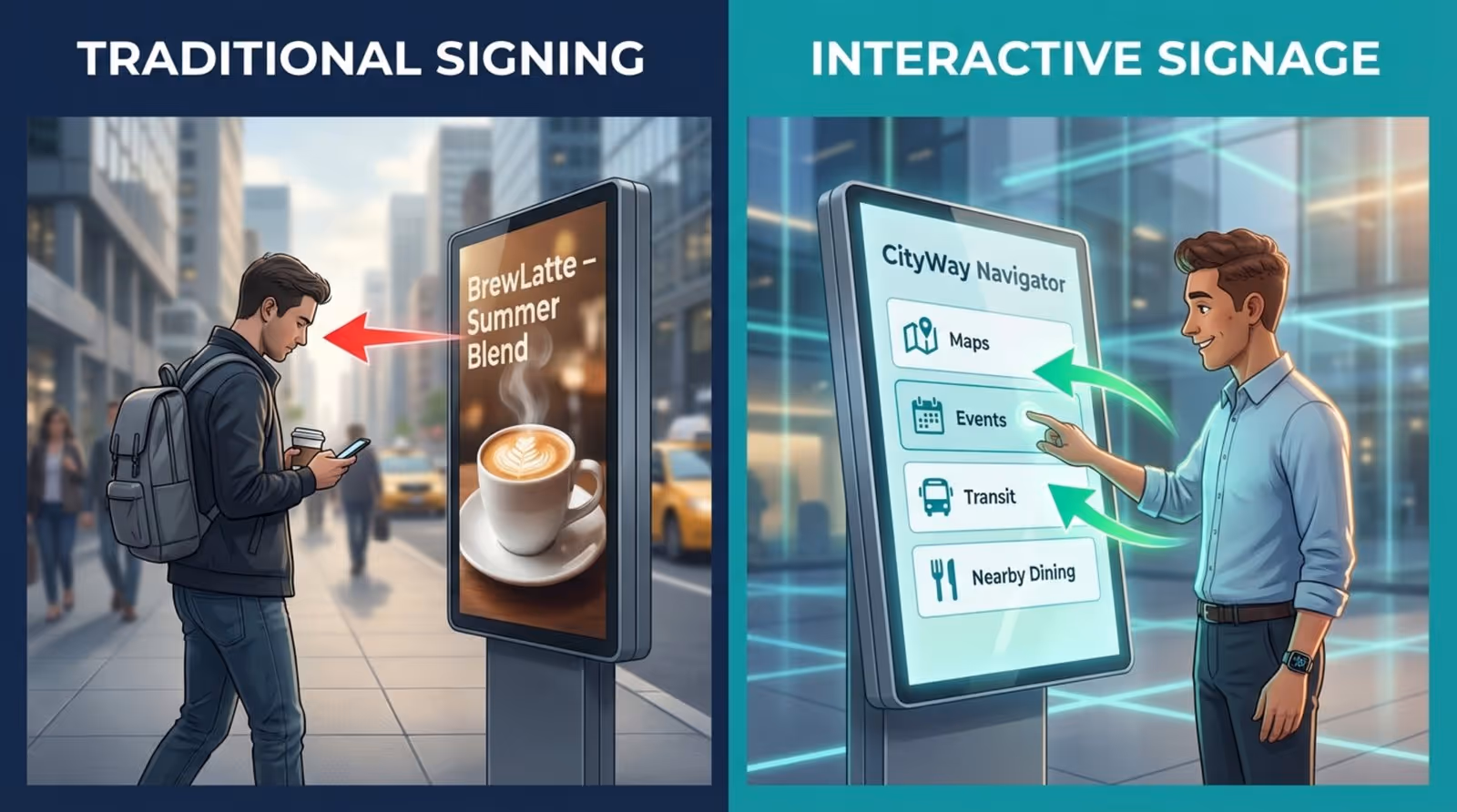 Split-screen infographic comparing traditional signage with passive viewers and interactive signage with active engagement.