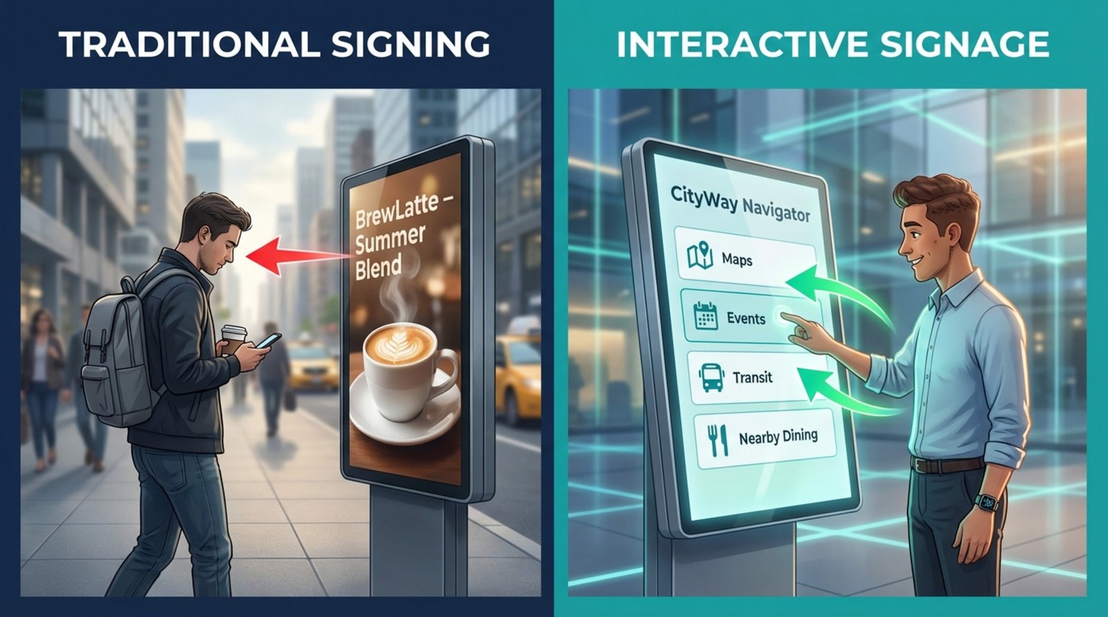 Split-screen infographic comparing traditional signage with passive viewers and interactive signage with active engagement.