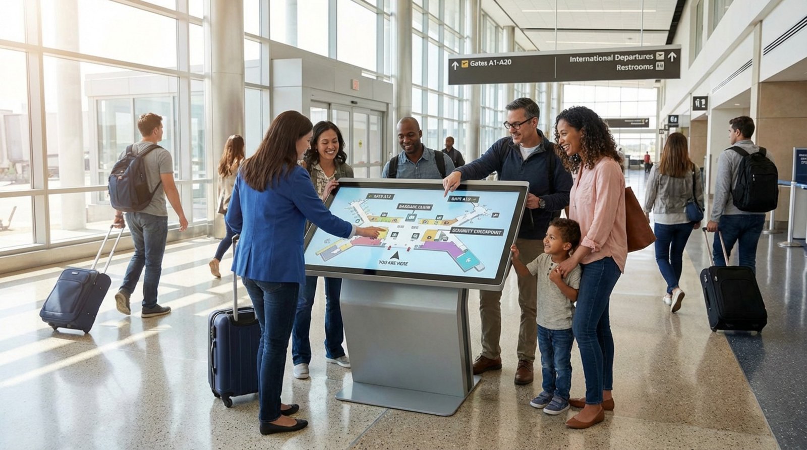 A diverse group of people actively engaging with an interactive wayfinding kiosk in a busy airport terminal.