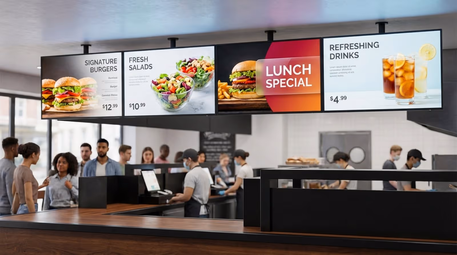 A digital menu board system above a fast-casual restaurant counter displaying lunch options with animated banners and high-quality food images.