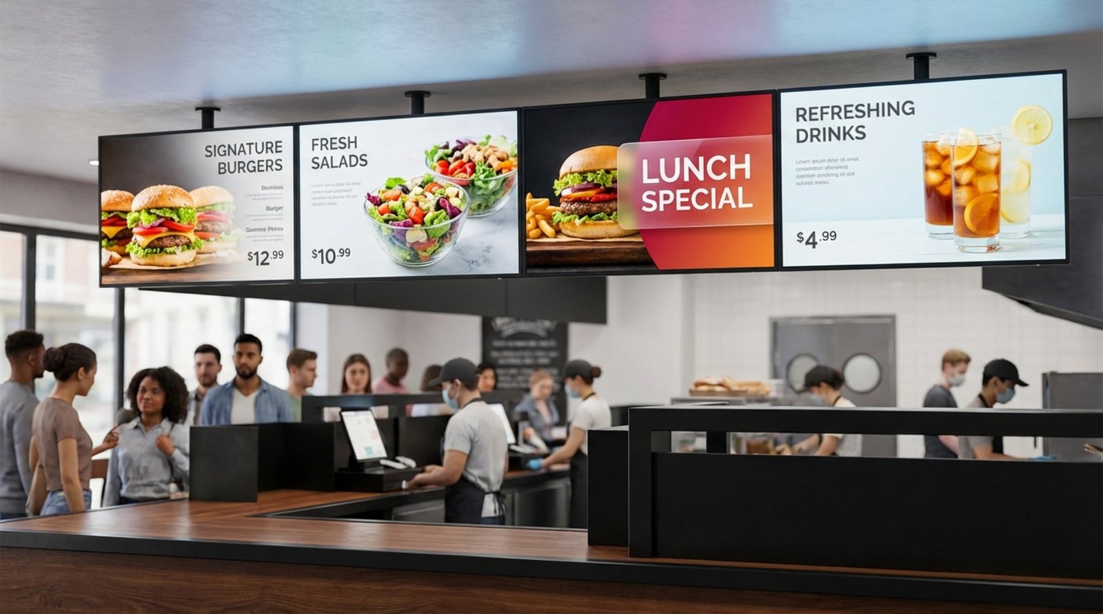 A digital menu board system above a fast-casual restaurant counter displaying lunch options with animated banners and high-quality food images.