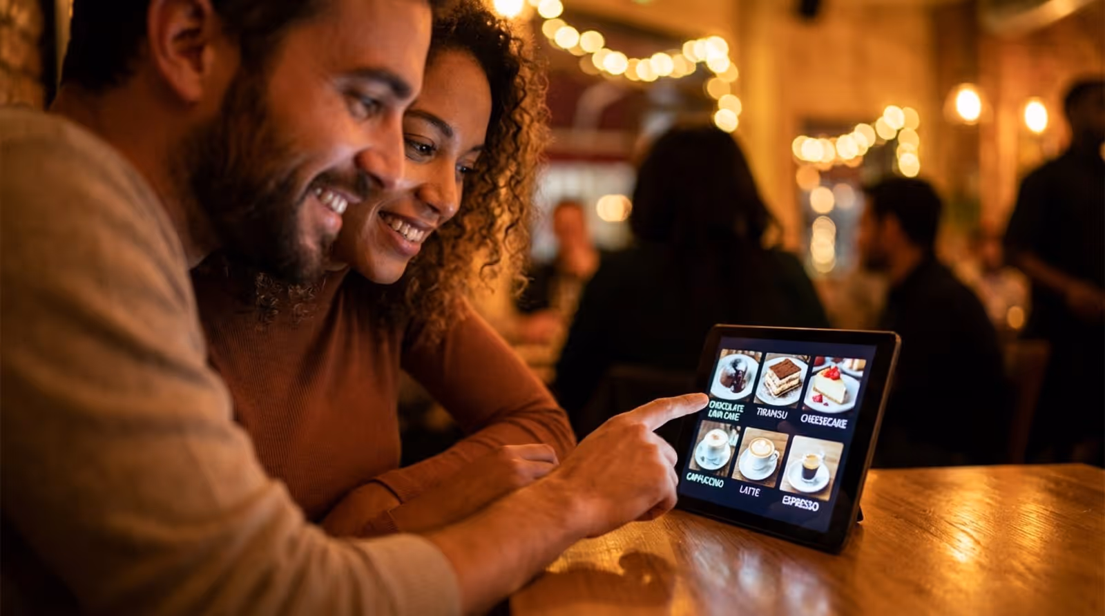 A man and woman smile at a digital dessert menu in a romantic restaurant setting.
