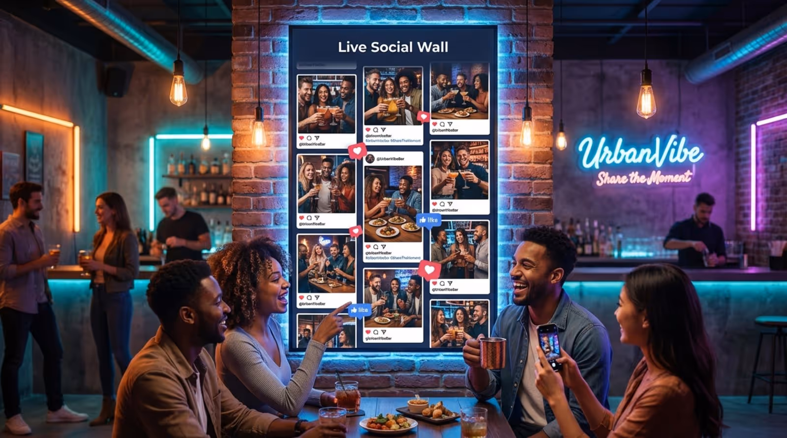 A large vertical screen on a brick wall displaying a mosaic of customer photos from social media at a trendy bar. A group of friends in the foreground shows excitement while looking at the screen.